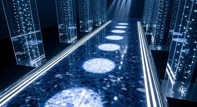 Futuristic digital cityscape with glowing lights and abstract geometric patterns for fashion show program.