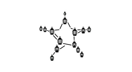 Abstract star shape formed by interconnected geometric elements and circles, representing connection and network.