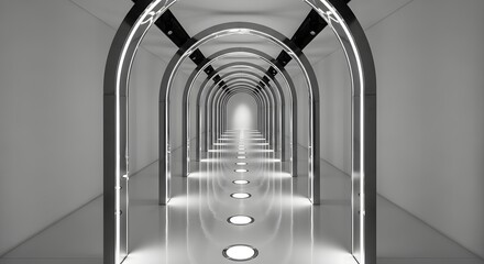 Endless futuristic tunnel with arched ceilings and illuminated floor for fashion show event program.