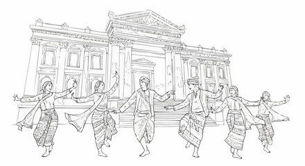Fototapeta premium Traditional dancers in front of a historical building, performing with grace and cultural significance.