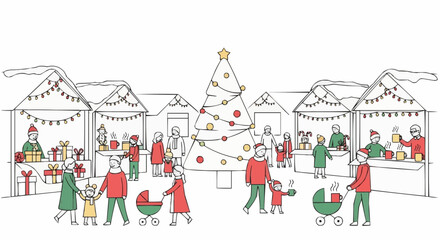 Festive Christmas market scene. A hand-drawn illustration depicting a bustling Christmas market. People shop, the Christmas tree, stalls decorated. 