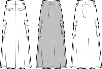 Women's A-Line Maxi Cargo Skirt Technical Fashion Sketch Vector, Utility Long Skirt Flat Drawing Template, Stylish Streetwear Apparel Tech Pack Design, editable.