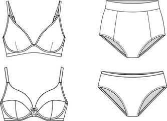 Technical flat sketch set of lingerie, including two bra styles and two panties (high-waisted and hipster), vector illustration for apparel fashion design and templates. © It's Raju