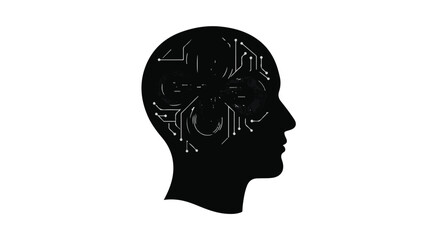 Silhouette of a human head with a complex circuit board pattern inside, symbolizing artificial intelligence and technology.