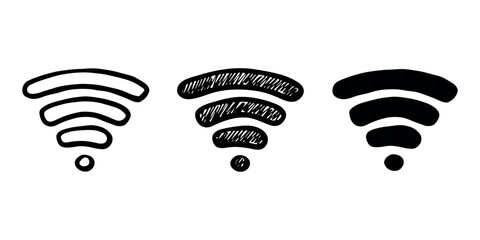 Set of hand drawn free wifi spot zone sign Public wi-fi area sign Wireless internet clipart in doodle style Single element for print, web, design, decor 3G, 4G, 5G, 6G, IoT