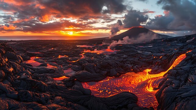 Fiery lava flow meets the ocean at sunset with dramatic clouds