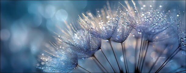 Dreamy dandelion seeds glistening with dew drops in soft focus creating a serene and magical atmosphere perfect for wellness or mindfulness campaigns