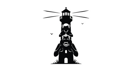 Whimsical lighthouse silhouette formed by stacked playful figures, symbolizing guidance and joy.