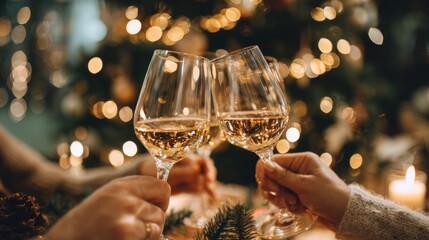 Two people clink glasses of white wine in a festive setting with sparkling lights and greenery, celebrating a special occasion.