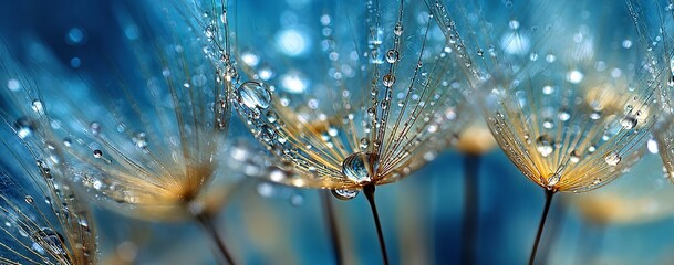 Sparkling dew drops adorn delicate dandelion seeds against a tranquil teal backdrop, creating a serene and captivating natural beauty, perfect for mindfulness
