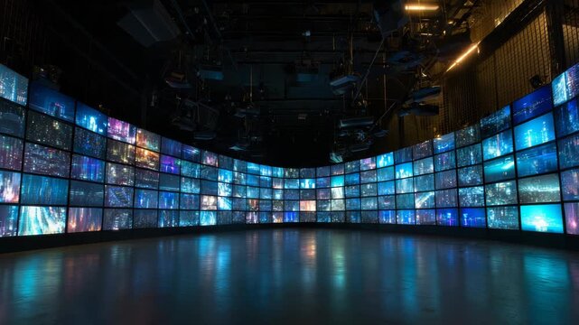 Modern TV Studio with Multiple Screens Displaying Urban Cityscape Images