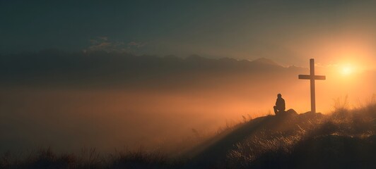 Man contemplating beside cross at sunset