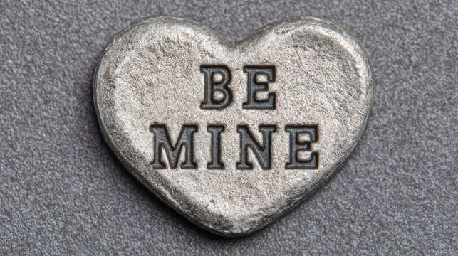 Close up of vintage metal heart token with antique phrase be mine. sincere symbol of love, romance and affection for special valentine message
