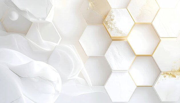 Abstract White and Gold Hexagonal Geometric Background with Fluid Organic Shapes and Glitter Accents