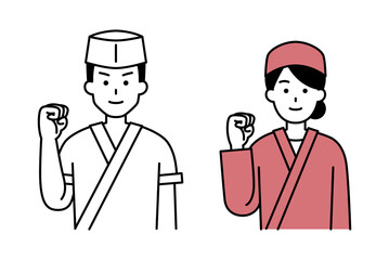 ガッツポーズをする和食店の店員　セット