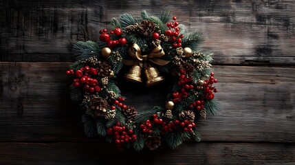 Festive Christmas wreath with bells on rustic wood background