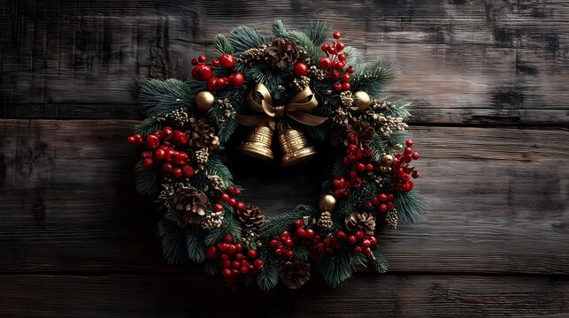 Festive Christmas wreath with bells on rustic wood background