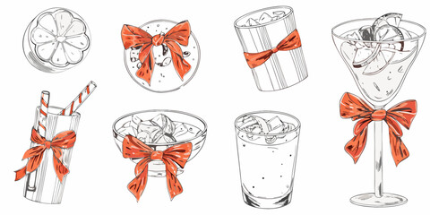 Festive holiday drinks and citrus with bows, perfect for seasonal celebrations, gift ideas, cocktail promotions, and creative bar menus, sketch style