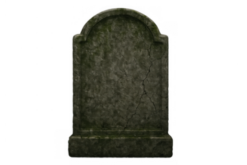 Weathered tombstone with intricate stone cracks and green moss texture creating a spooky atmosphere, transparent background