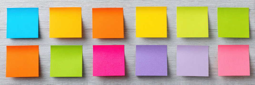 Vibrant collection of colorful blank sticky note paper on an office wall. This organized memo and reminder background feels full of creative potential for any project