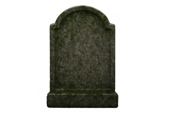 Weathered tombstone with intricate stone cracks and green moss texture creating a spooky atmosphere, transparent background - Powered by Adobe
