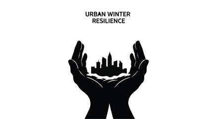 Hands cradle a city skyline, symbolizing urban resilience through winter.