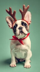 Adorable French Bulldog Puppy in Reindeer Antlers and Red Bow