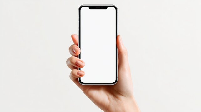 A hand holding a smartphone with a blank screen against a minimalist background.