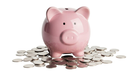 Pink piggy bank with coins transparent background cutout png