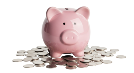 Pink piggy bank with coins transparent background cutout png
