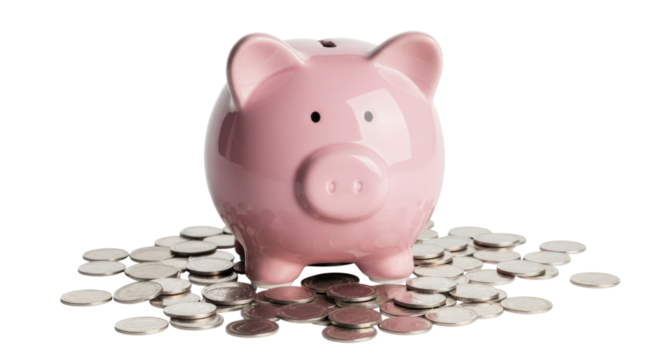 Pink piggy bank with coins transparent background cutout png - Powered by Adobe