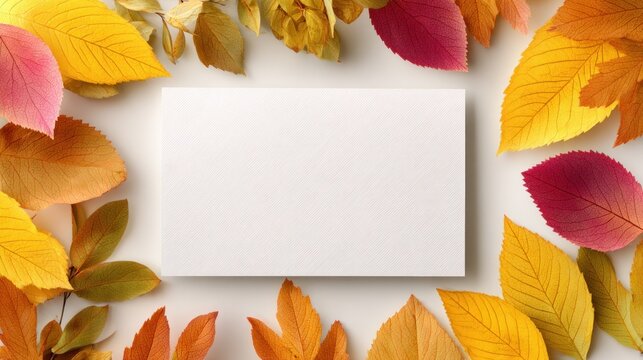 A blank card is surrounded by colorful autumn leaves, creating a vibrant and seasonal aesthetic perfect for invitations or greetings.
