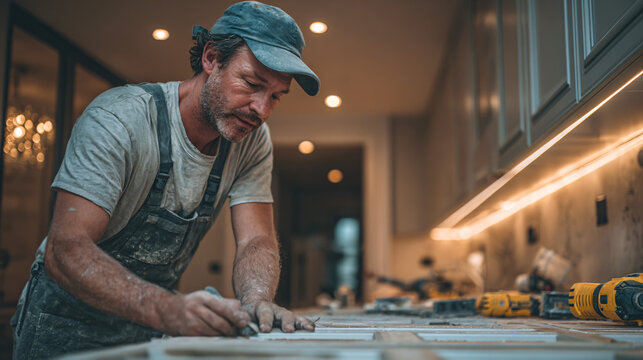 Professional installer aligning high-gloss kitchen cabinet doors, modern home under renovation, power tools and materials visible, subtle construction dust,