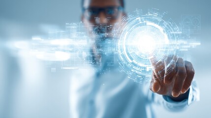 A man interacts with a digital interface, showcasing futuristic technology and data visualization in a sleek, modern environment.