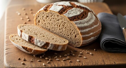 A loaf of sliced bread rests on a wooden cutting board accompanied by stray wheat grains a folded cloth and a knife