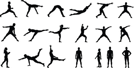 Yoga silhouettes, stretching exercises, balance poses, flexibility training, workout routine, body movement, athletic postures, fitness stretches, active lifestyle, wellness practice