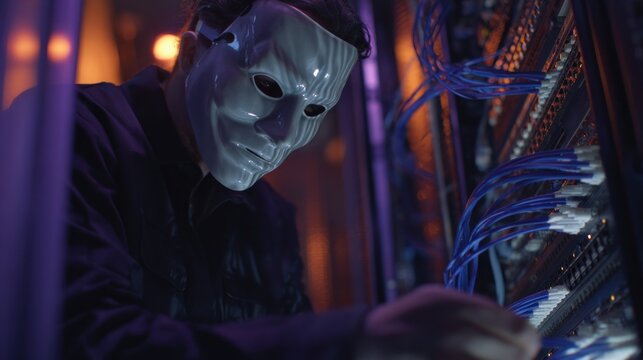 A masked figure works on a network server, surrounded by cables, suggesting themes of technology, cybersecurity, and mystery.