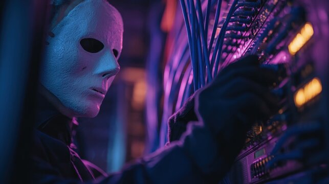 A mysterious figure in a mask manipulates a server or control panel, surrounded by vibrant purple and blue lighting, creating an eerie, tech-focused atmosphere.