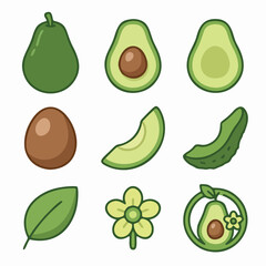Cute Avocado Icon Set – Whole, Half, Slice, Seed, Leaf & Flower Vector Collection
