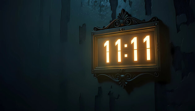 The time "11:11" displayed in glowing orange-yellow neon digits on a weathered, dark, ornate sign mounted on a textured wall, giving a vintage or urban fantasy feel.