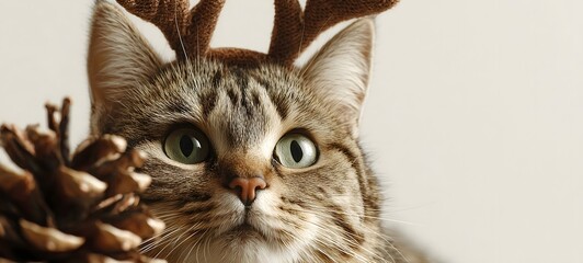 Adorable tabby cat with reindeer antlers and pinecone