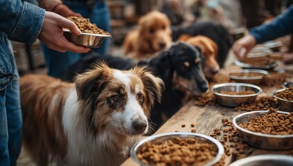 Loving volunteers provide nutritious meals to a gathering of rescued dogs at a charity event, promoting animal welfare and creating a heartwarming scene of community support