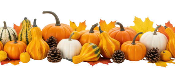 Autumn harvest assortment with gourds and pumpkins transparent background cutout png