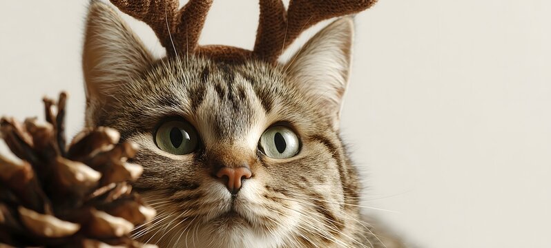 Adorable tabby cat with reindeer antlers and pinecone