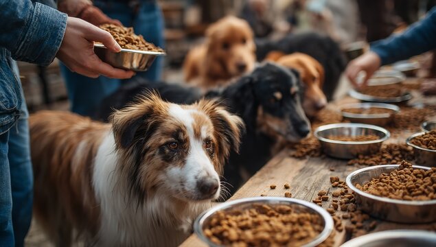 Loving volunteers provide nutritious meals to a gathering of rescued dogs at a charity event, promoting animal welfare and creating a heartwarming scene of community support