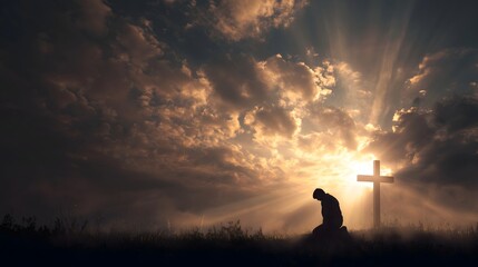Man kneeling before cross at sunrise