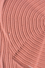 close up view of textured coral sand background, beautiful sand texture, overhead view of zen pattern drawn in coral sand, Top view of fine grain texture