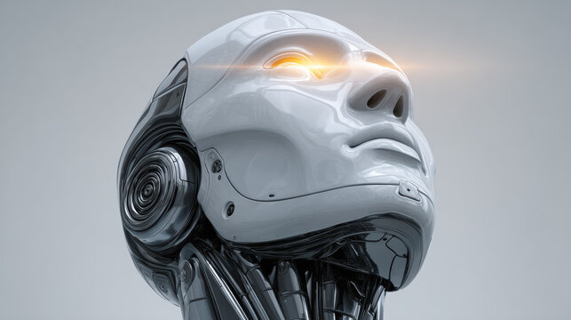 Futuristic android robot head with thoughtful expression. This face of advanced technology and artificial intelligence has glowing eyes while looking up, contemplating future