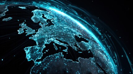 A digital representation of Europe showcasing glowing connections, highlighting technology and networks across the continent.