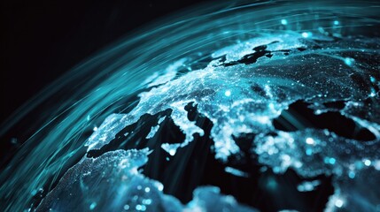 A stunning digital representation of Earth, highlighting illuminated continents and flowing data streams against a dark cosmic backdrop.